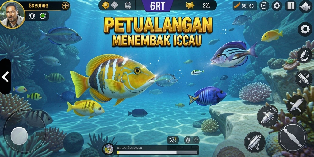 Screenshot gameplay 6RT yang menunjukkan aksi menembak ikan.