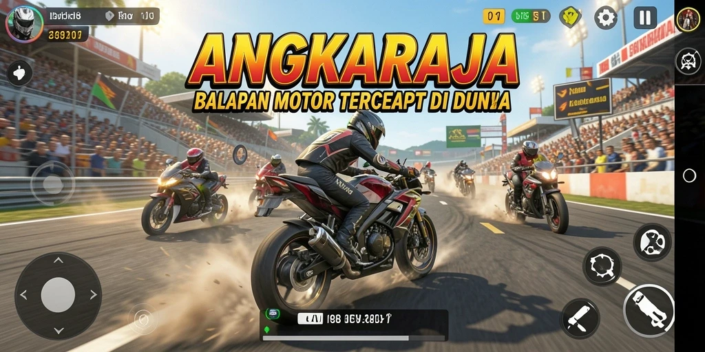 Screenshot gameplay ANGKARAJA menampilkan balapan motor yang intens dan menegangkan.