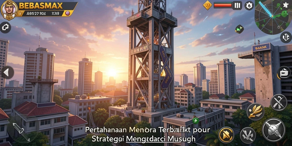 Tangkapan layar BEBASMAX menampilkan aksi seru dalam mempertahankan menara dari musuh.