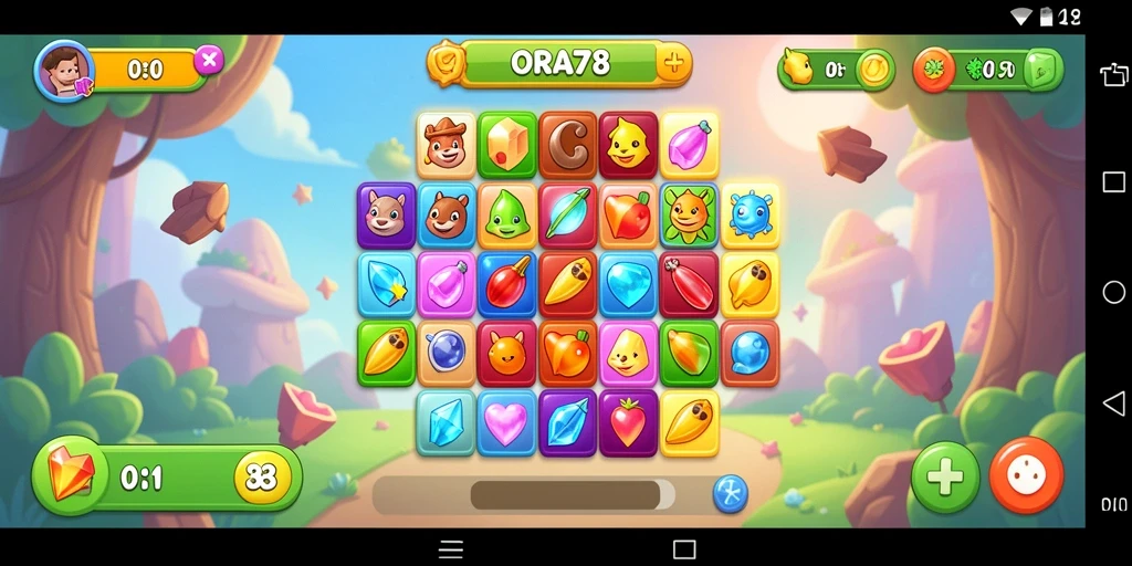 Screenshot gameplay ORA78 menampilkan permata yang berwarna-warni dalam permainan Match-3.