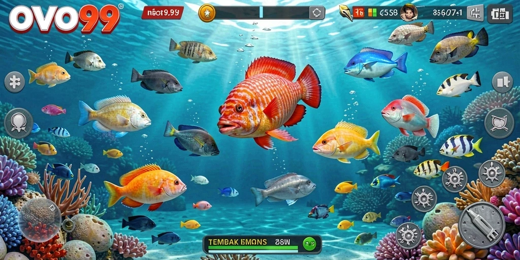 Tampilan seru gameplay OVO99 dengan aksi menembak ikan.