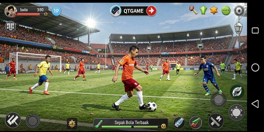 Screenshot QTGAME menampilkan aksi seru di lapangan sepak bola.