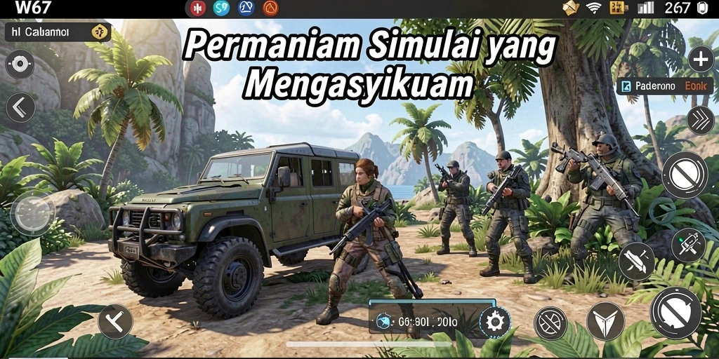 Screenshot gameplay W67 menunjukkan interaksi karakter dalam dunia simulasi yang hidup.